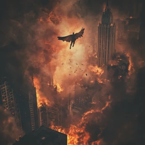 You are a graphic designer who is an expert in Photoshop. Create an image of a superhero flying over a burning city.