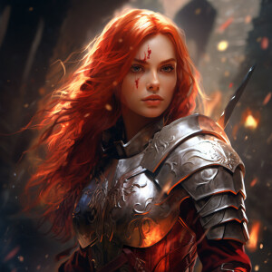 there is a woman with a sword and a helmet on, female redhead te...