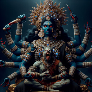 portrait of angry looking, four-armed indian goddess blue skinned sitting on a gold crown and carrying a weak mahishasur on her lap and poking his abdomen with her amazingly long red fingernails . She is wearing diamond armor, a huge diamond crown, black saree, abundant  diamond jewelry, covered in blood. The scene is set in ancient India. The image is 8K resolution, cinematic, photography, ultra detailed face and epic.