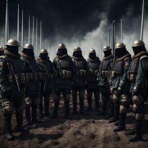 Generate a picture of 5 Muslim army generals with their backs sh...