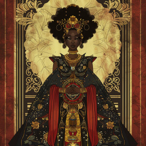 Illustrate a full body regal Empress reflecting a blend of Afr...