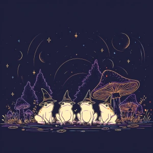 cute line-art illustration of frogs wearing wizard hats sitting...