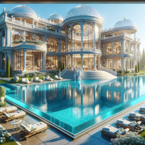 A large mansion with a pool