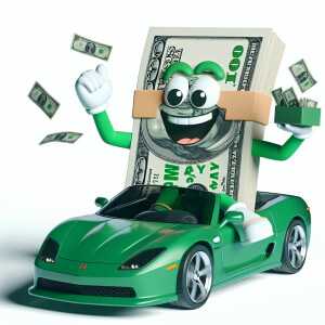 An anthropomorphic dollar bill character dressed in green attire...