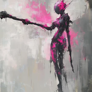 Create an image of a female alien student with pink and black te...