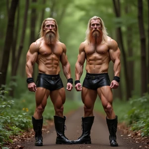 Two Bodybuilders with long blonde-ginger hair, side part, sporti...
