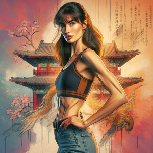 Athletic Thin skinny Attractive, Asian teenage girl, long brown hair and bangs, wearing tight skinny jeans and a halter top paint marks on her clothing, heroic pose Asian graffiti background, side view