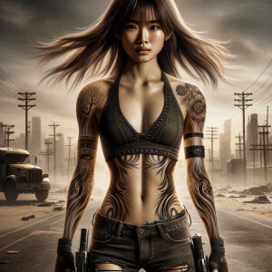 Thin Asian teen girl wearing tight jeans and a halter top Long brown hair and bangs, tattoos on her arms, athletic heroic pose