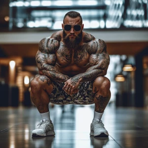 A muscular individual is squatting in a versatile pose, accentua...