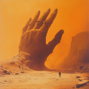 The image depicts a surreal and striking scene with an orange ha...