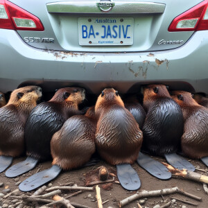 бобры сидят и грызут автомобиль ниссан сзади