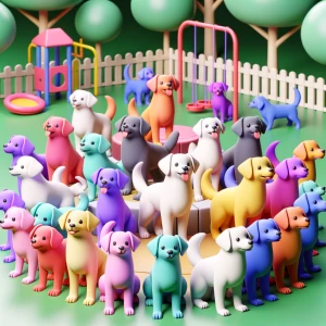 Group of dogs with different colours in pink, white, purple, ora...