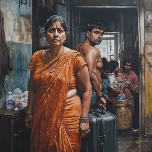 Realism ,a 54-year-old Gujarati housemaid wearing a bright orang...