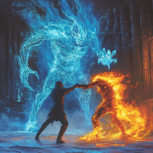 An alien made of ice is pulling an alien made of fire by the leg...