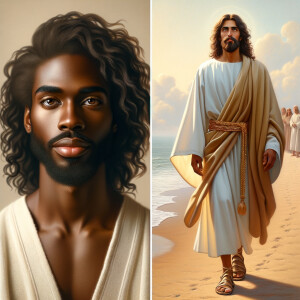Create an image that combines two depictions of Jesus as an Afri...