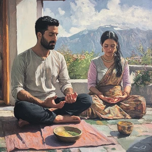 Realism art,A man(muscular beefy sweaty doinga yoga) sitting wit...