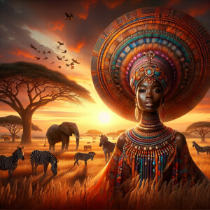 Envision a magnificent African savannah at the golden hour of su...