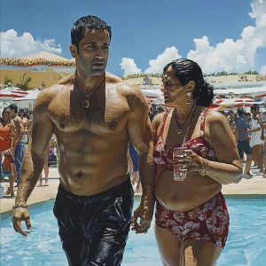 PhotoRealism painting,a muscular beefy sweaty man walking with...
