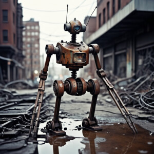 A decrepit droid mechanic, limbs rusted and wires exposed, stand...