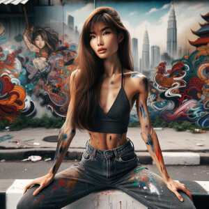 Very thin Athletic Thin skinny Attractive, Asian teenage girl, long brown hair and bangs, wearing tight skinny jeans and a halter top paint marks on her clothing, sitting side view heroic pose Asian graffiti