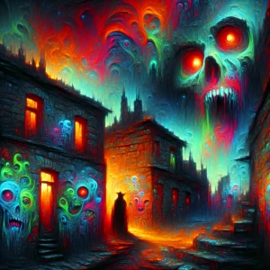 Twisted, nightmarish graffiti covering a decaying urban alleyway, dripping and pulsating with unnatural colors; a shadowy figure with glowing red eyes lurks in the background,in the style of western craven