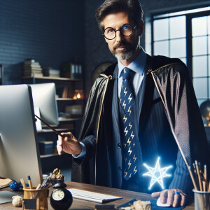 Depict Harry Potter as an adult working in a modern office setti...