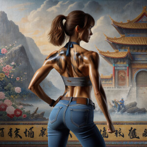 Athletic Thin skinny Attractive, Asian teenage girl, long brown hair and bangs, wearing tight skinny jeans and a halter top paint marks on her clothing, heroic pose Asian graffiti background, backside view