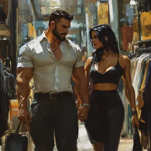 Cinematic painting style,A muscular man, glistening with sweat,...