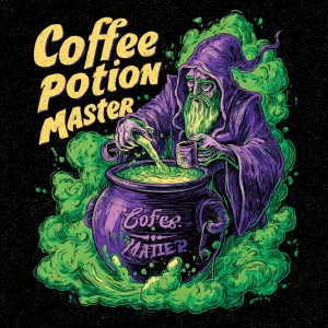/imagine hand-drawn wizard in a fantasy robe brewing coffee in a...