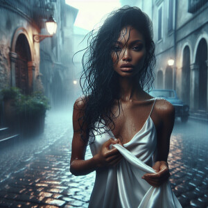 A cinematic scene featuring an African American woman with water...