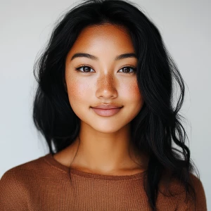 Generate a portrait of a joyful 22-year-old Blasian woman with a...