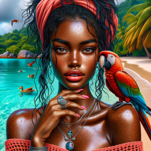 Tropical forest landscape Pretty blue exotic waters palm trees beautiful sand, ducks in the water.An Street art style image of a thick African American woman she’s wearing a Coral crochet off the shoulder dress, sandals, warm mahogany skin tone, full lips, long wispy lashes, freckles, multiple silver necklaces, rings, pink nails. wet wavy red hair, parrot on her shoulder, electrostatic art contrast colors high definition