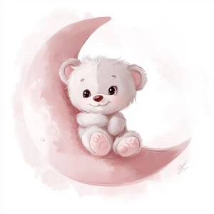 A cute, cartoon teddybear sits on a stylized, rosy-pink crescent moon. The teaddy bear is light gray with large, round, pink-spotted ears.  Its body is round and he has expressive eyes.  its facial expression is happy and friendly. The teddy bears legs and feet are visible, and its posture is relaxed, sitting, slumped into the moon. The moon is a soft, shaded pink, with watercolor-like texture and subtle shading. The background is white. The image is in a child-friendly style, showcasing delicate line work and color palettes. The composition is centered on the teddy bear which is positioned on the moon. The overall style is sweet, whimsical, and reminiscent of children's book illustrations.  The colors are pastel and soothing, creating a gentle atmosphere.