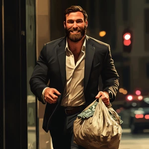 "White muscular thin man with beard, big chin, smile and cheekbo...
