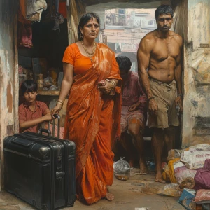 Painting hyperrealistic style,a 54-year-old Gujarati housemaid w...