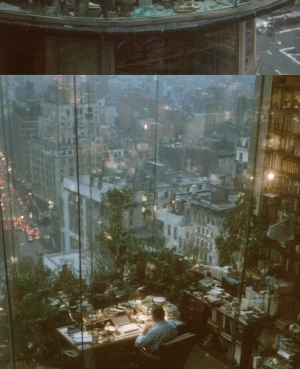 New York 1970s man is working on his desk on his in his luxury p...