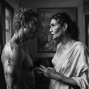 Hyperrealism art style,A muscular sweaty man talking to his 54 y...