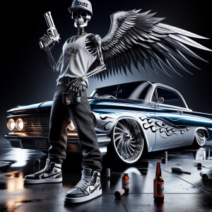 Marble effect of a thugged out Skeletor with angel wings, tattoo...