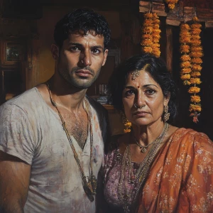 Create a realism painting of a muscular, perspiring man engaging...