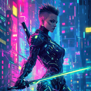 Futuristic cyberpunk warrior woman in vector art, sleek armor wi...
