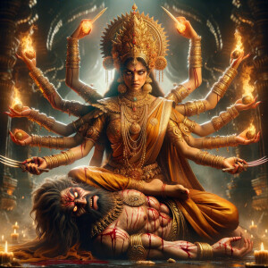 portrait of angry looking, four-armed indian goddess sitting on...