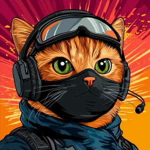 A wide-eyed ginger cat wearing a black tactical balaclava (or ma...