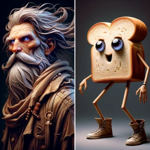 Bread with eyes which stick legs and shoes