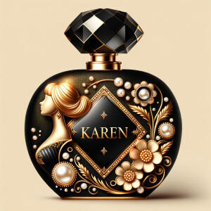 Design a fancy, black and gold bottle of perfume in the shape of a woman’s body. With a golden diamond top, flowers pearls and Diamonds in the name, Karen