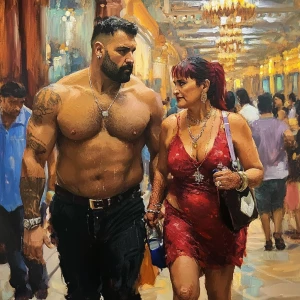 Hyperrealistic painting.A sweaty muscular man, walking with his...