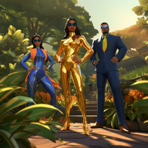 3d Three superheroes standing in a vibrant botanical garden. Cap...