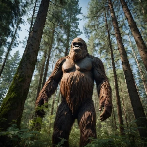 A humanoid looking bigfoot haircovered in the trees