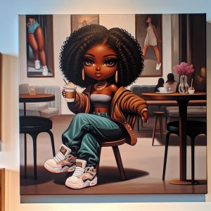 A glamorous oil painting of a melanin-rich chibi woman at an ups...