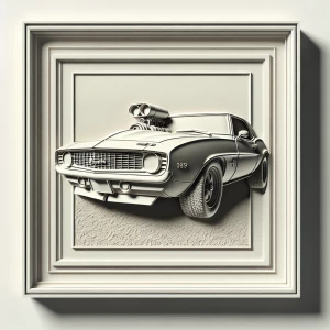 3D bas relief of a 69 camaro with a blower sticking out ov the h...