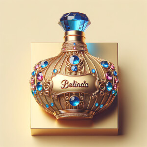 Create a 3-D realistic gold and  blue, colorful jewels perfume bottle
In the shape of a women’s body with the name Karen